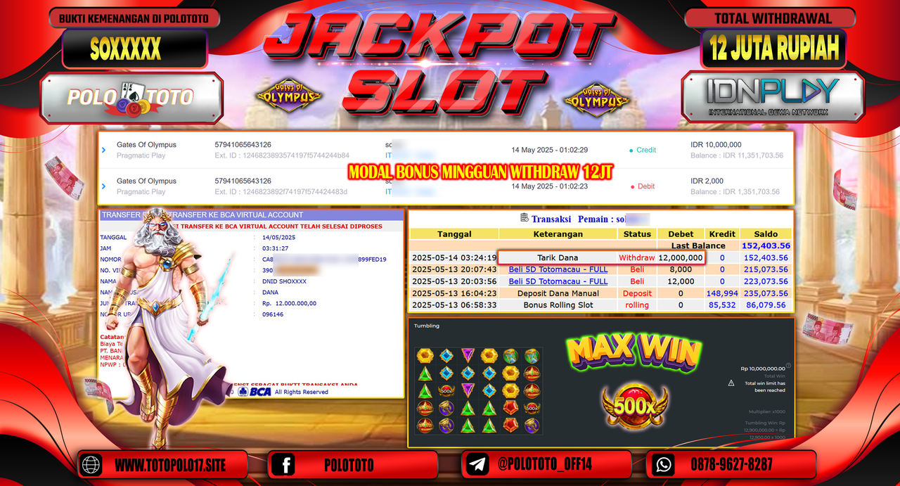 POLOTOTO JACKPOT SLOT GATES OF OLYMPUS Rp.12.000.000,-