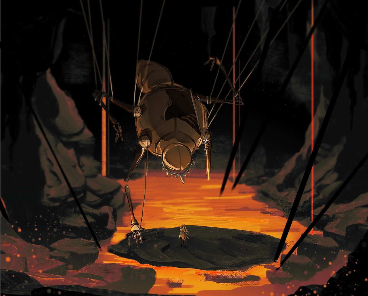 The metal automaton, Fourth Chorus, is suspended above lava by iron chains. Sentinel stares from a rock below.