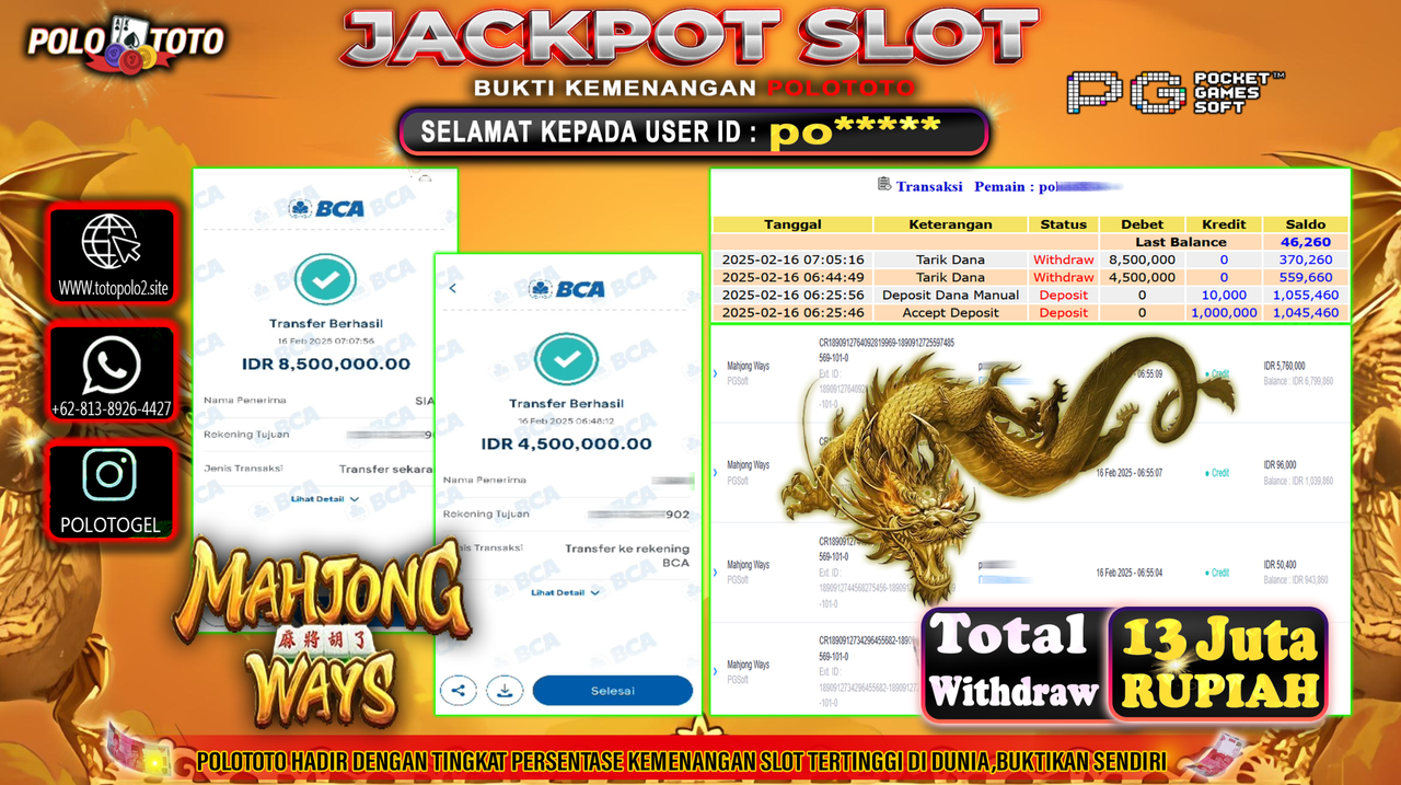 POLOTOTO JACKPOT SLOT MAHJONG WAYS Rp.13.000.000,-