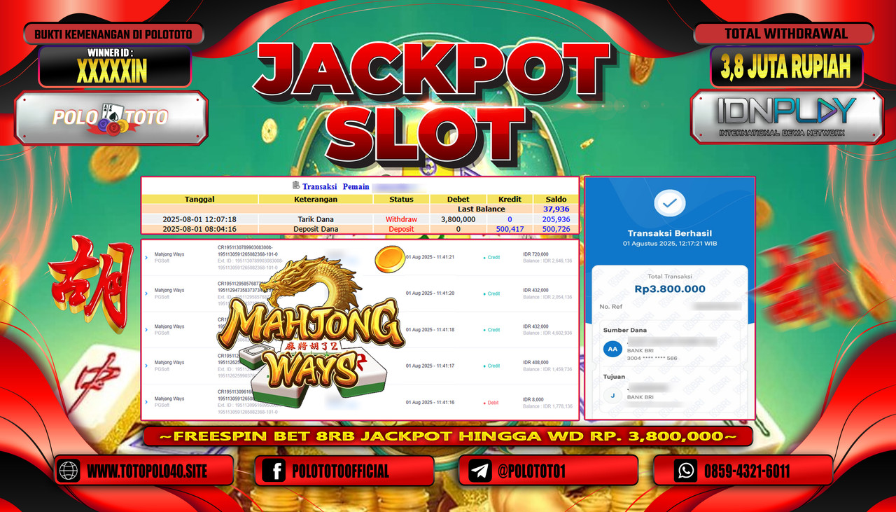 POLOTOTO JACKPOT SLOT MAHJONG WAYS Rp.3.800.000,-LUNAS