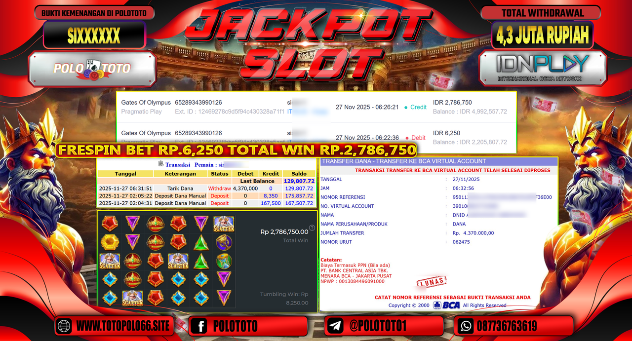 POLOTOTO JACKPOT SLOT GATES OF OLYMPUS Rp.4.300.000,- LUNAS