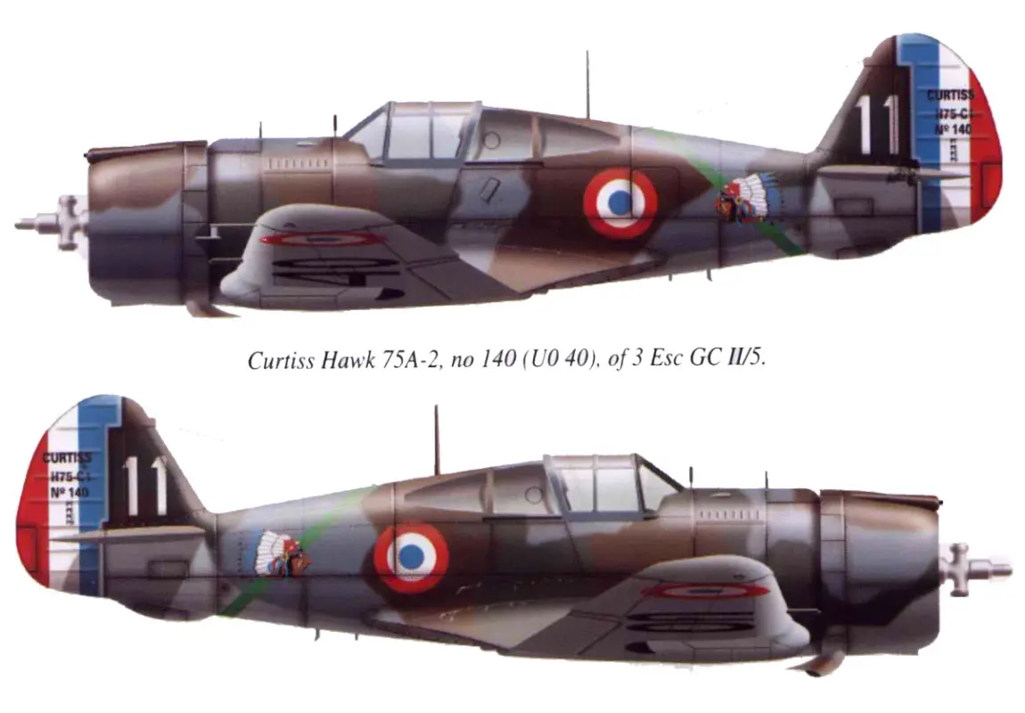 Avions francais captures par les allemands Curtiss-Hawk-H-75-C-French-Airforce-GCII-5-No140-White-11-U070-Charters-France-1940-0-A