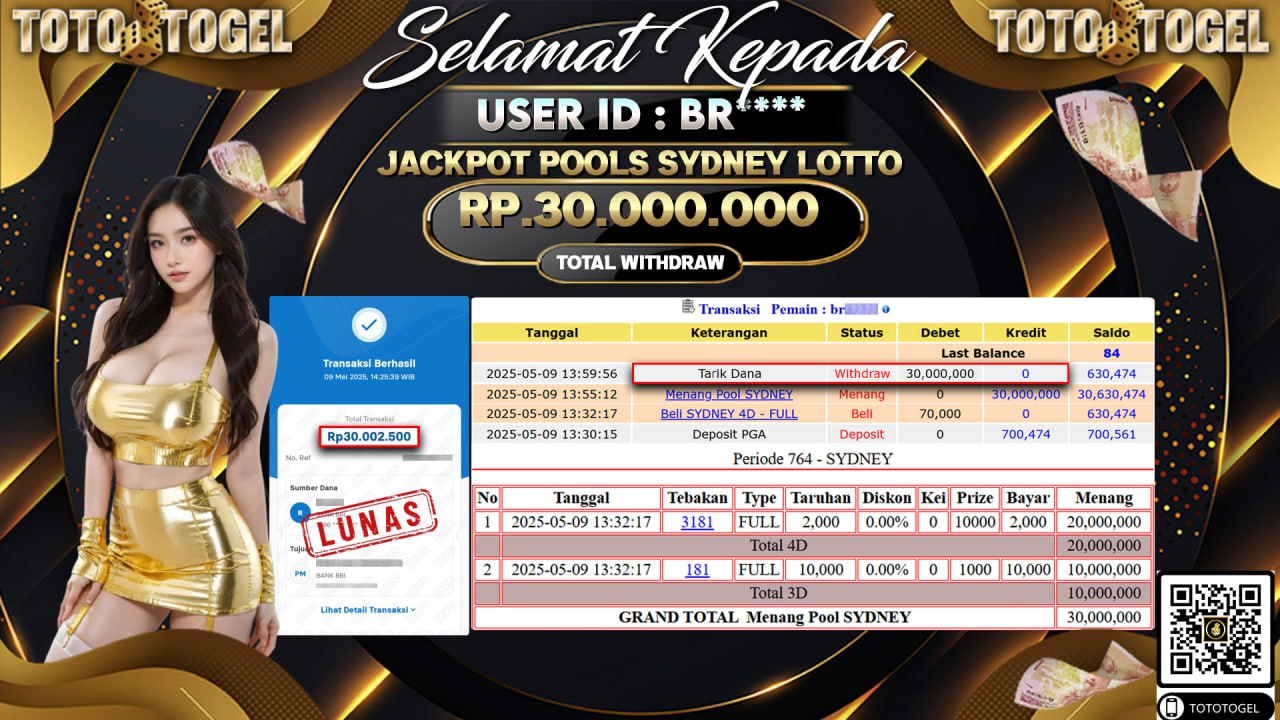 Bukti Pembayaran Jackpot  Permainan Togel Pools Sydney Lotto ID:BR***** LUNAS