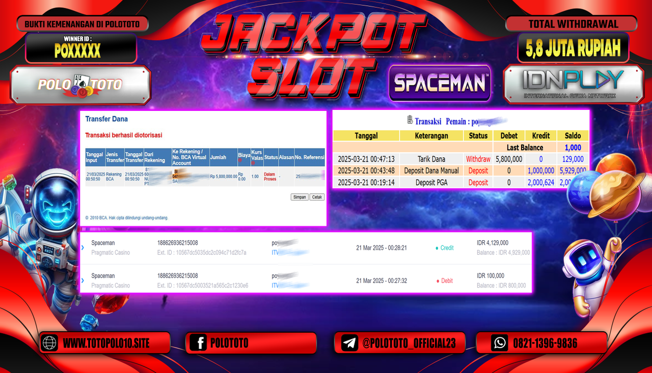 POLOTOTO JACKPOT SLOT SPACEMAN Rp.5.800.000,-