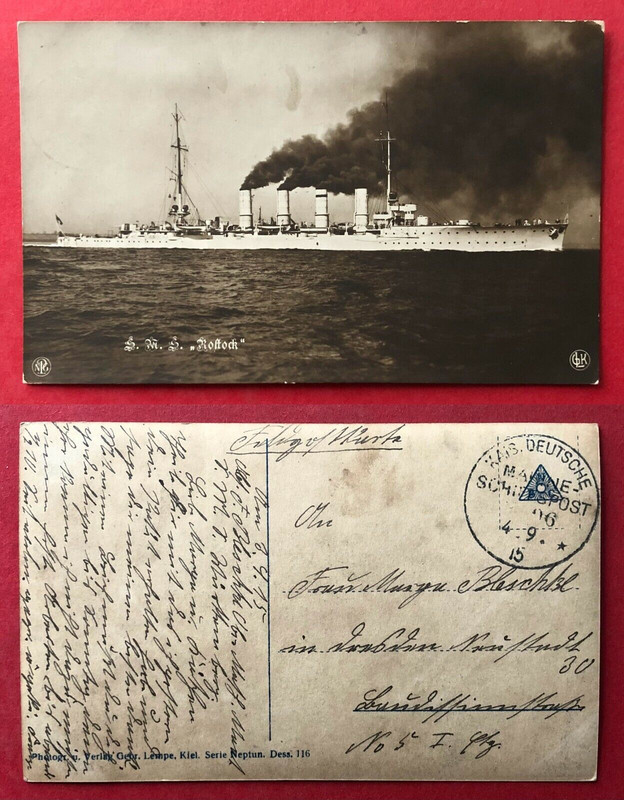 Foto AK Kaiserliche Kriegsmarine 1. WK 1915 S. M. S. Rostock mit Stempel ( 97316