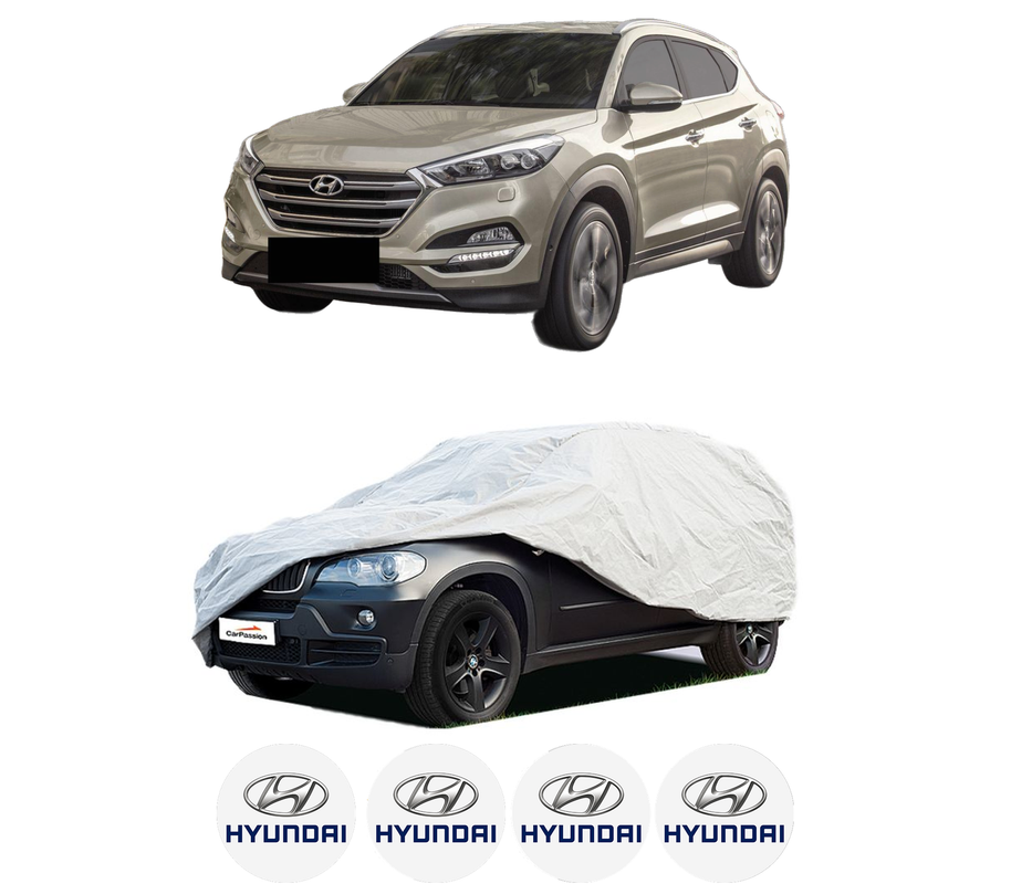 Husa tip prelata auto pentru HYUNDAI TUCSON (TL, TLE) din 2015-2023, Culoare Gri, material textil impermeabil, rezistanta la intemperii praf UV, CARPASSION Husa Protectie, 4 Stickere auto cu HYUNDAI
