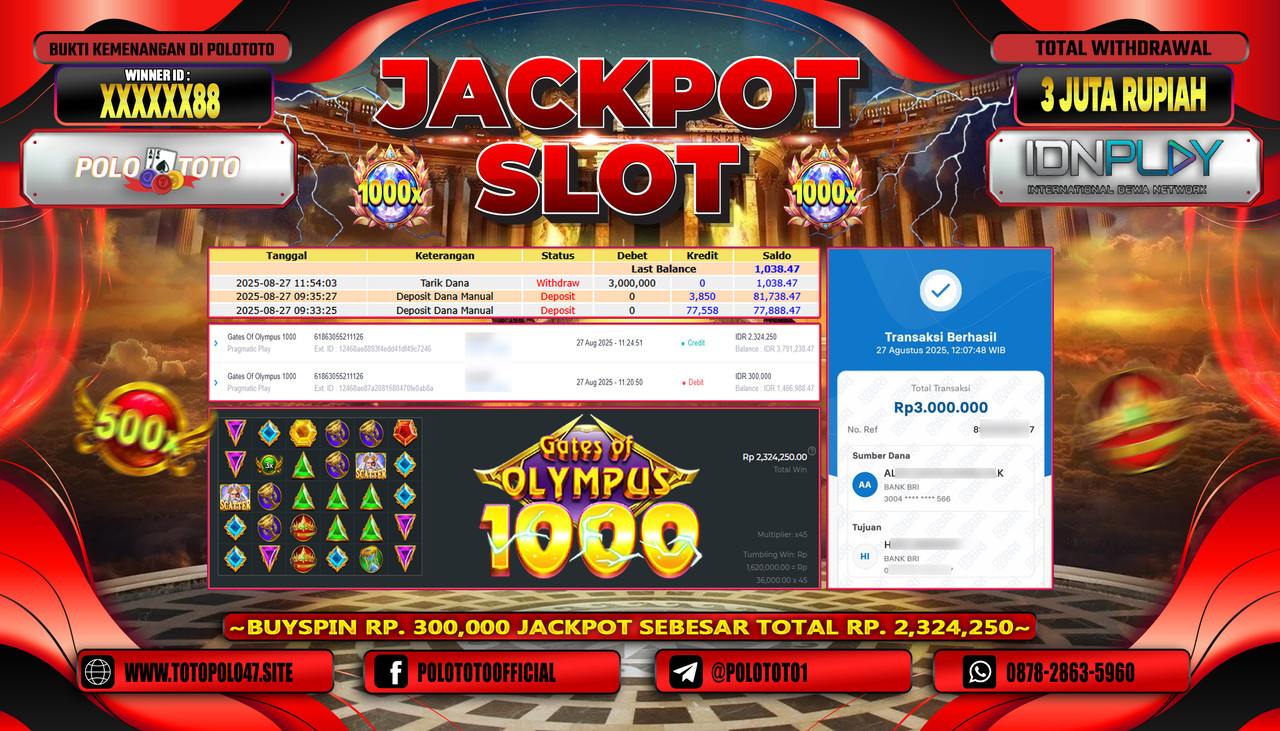 POLOTOTO JACKPOT SLOT GATES OF OLYMPUS 1000 Rp.3.000.000,- LUNAS