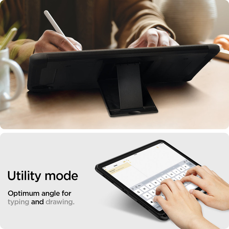 El forro Spigen Tough Armor Pro con su soporte desplegado y espacio para el Apple Pencil.