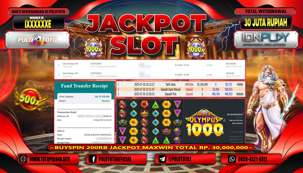 POLOTOTO JACKPOT SLOT GATES OF OLYMPUS 1000 Rp.30.000.000,-LUNAS