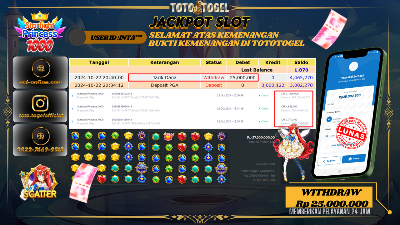 Bukti Pembayaran Permainan Jackpot Slot Starlight Princess 1000 Dengan ID : INTAN*** LUNAS