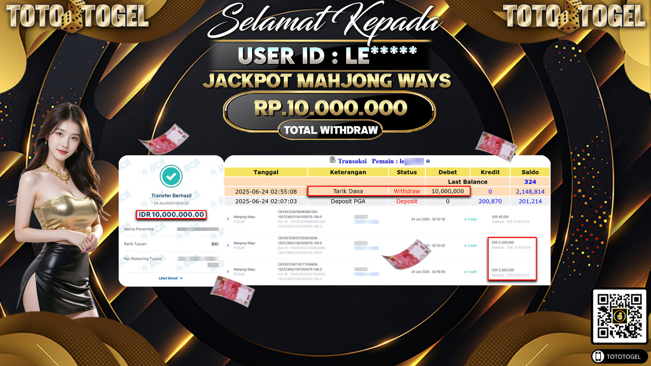 Bukti Pembayaran Jackpot Permainan Slot Mahjong Ways ID:LE***** LUNAS