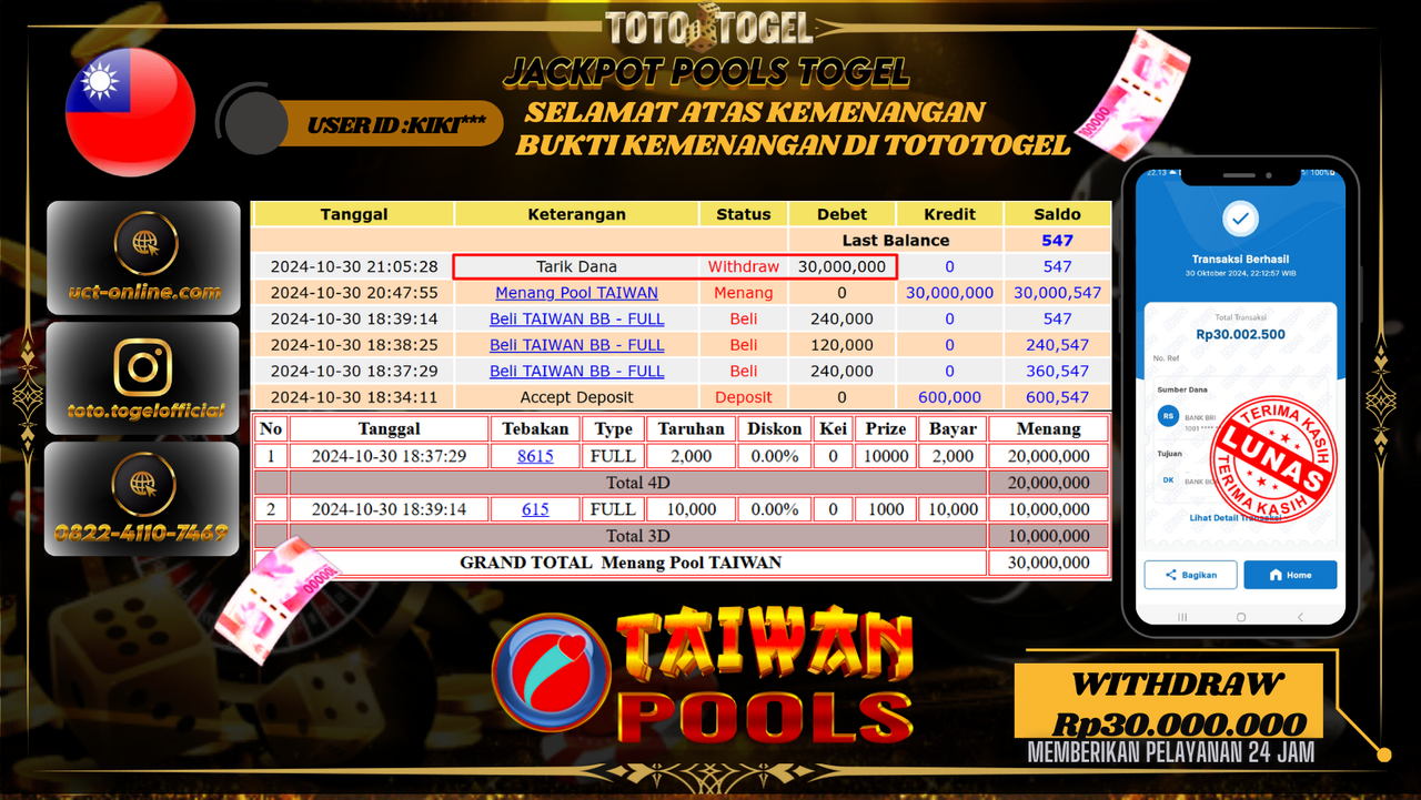 Bukti Pembayaran Permainan  Jackpot Togel Pools Taiwan ID:KIKI*** LUNAS 
