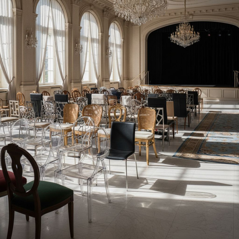 Разнообразие стильных стульев для мероприятий: от классических Кьявари до современных прозрачных моделей.