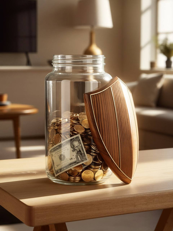 Glass jar filled with savings and a wooden shield representing an emergency fund
