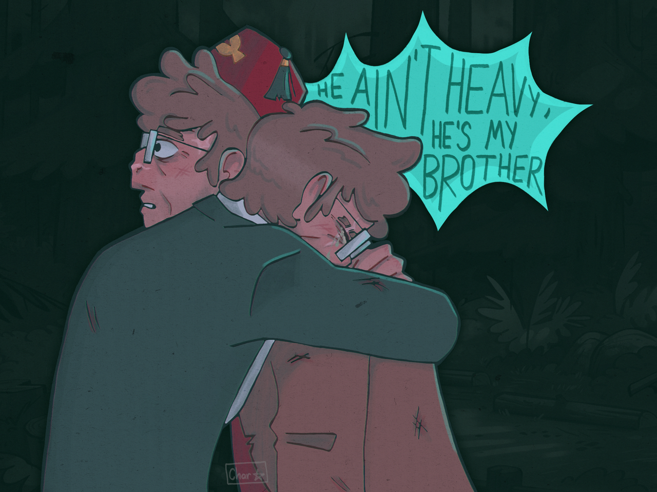 A digital drawing of Stanley and Stanford Pines from Gravity Falls. It is a redraw of their hug in the finale, in which their clothes are swapped. Ford holds onto his brother, crying into his shoulder, while Stan looks into nothing with a blank expression. In a blue blast behind Stanley's head, text reads: He ain't heavy, he's my brother.