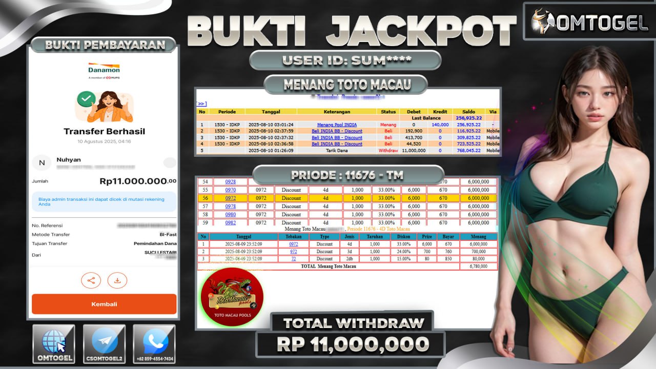 OMTOGEL JACKPOT TOTO MACAU 4D 3D 2D 11 JUTA DI BAYAR LUNAS ,-
