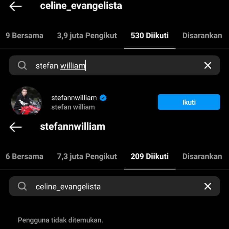 Stefan William unfollow Instagram Celine Evangelista 