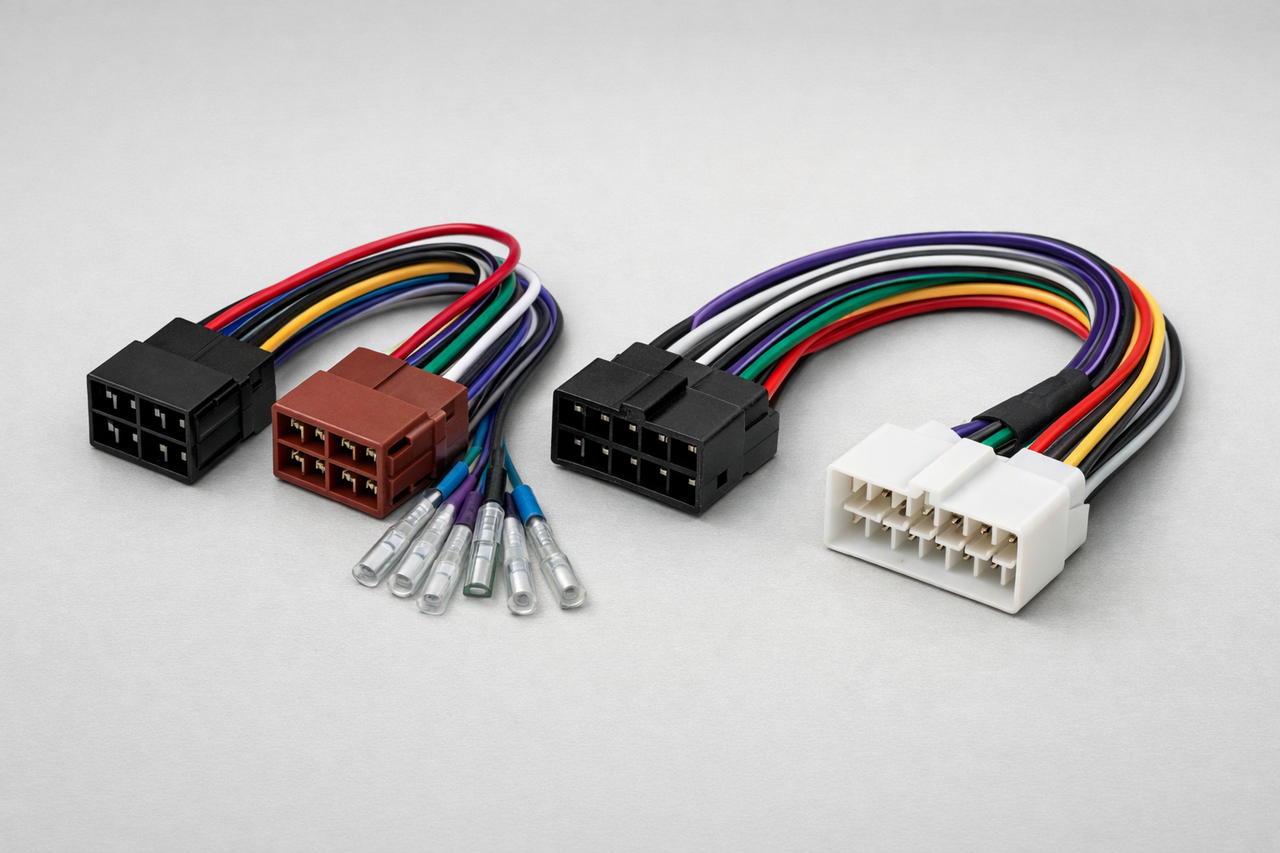 ISO колодки питания и динамиков с аккуратно разложенными проводами