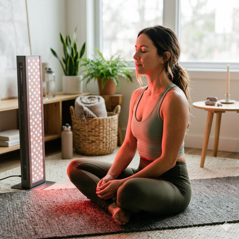 Modern home wellness setup featuring a professional red light therapy panel