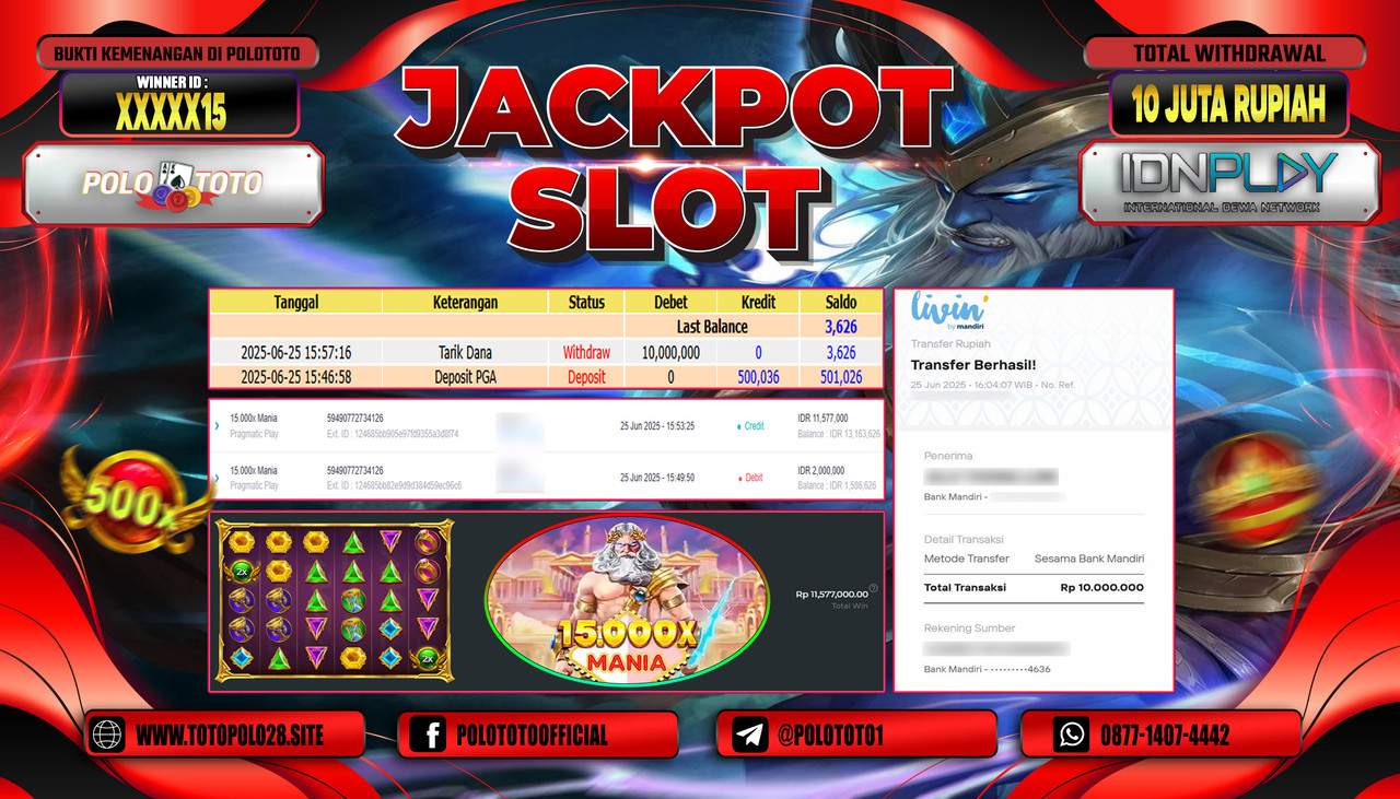 POLOTOTO JACKPOT SLOT 15.000 X MANIA Rp.10.000.000,- LUNAS