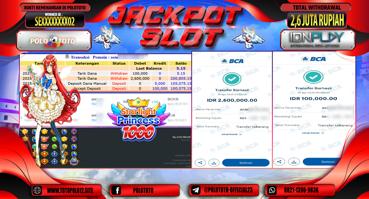 POLOTOTO JACKPOT SLOT STARLIGHT PRINCESS 1000 Rp.2.600.000,-