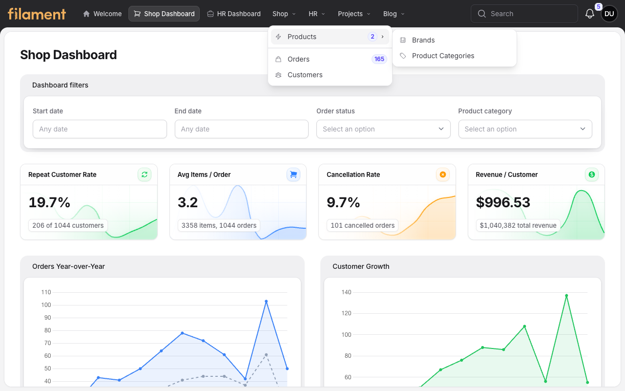 Stature Theme Shop Dashboard with stacked navigation in light mode