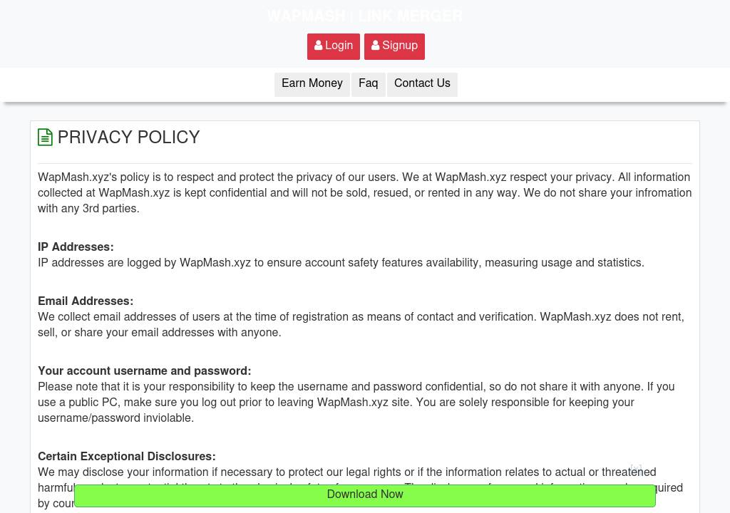 Wapmash Link Shortener Privacy Policy Page