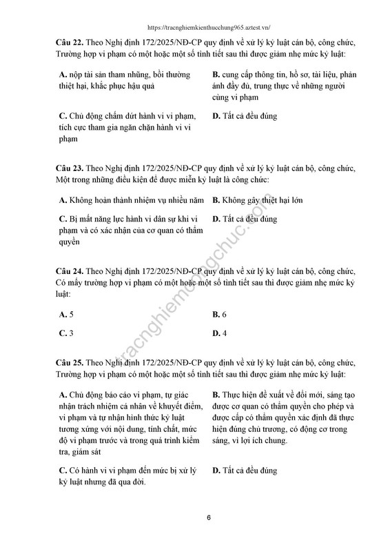 296 câu trắc nghiệm NĐ 172 kỷ luật CBCC - a-6