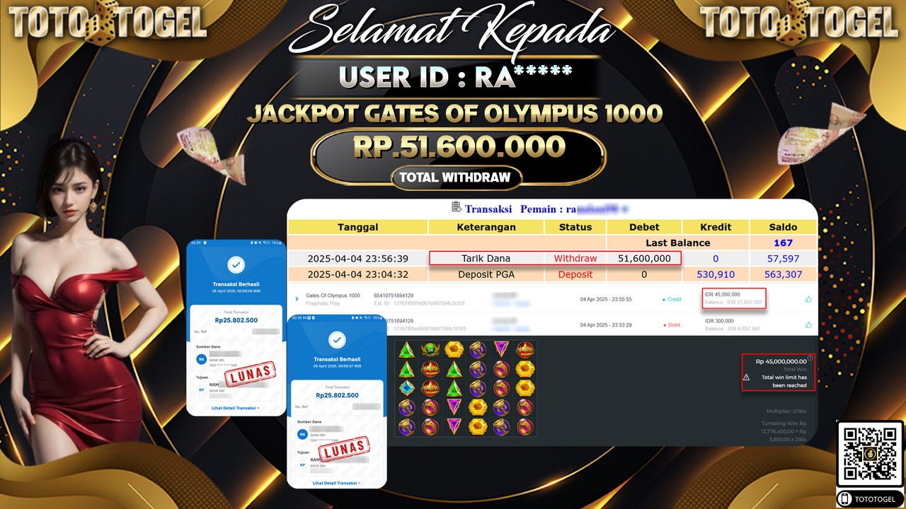 Bukti Pembayaran Jackpot  Permainan Slot Gates Of Olympus 1000 ID:RA***** LUNAS