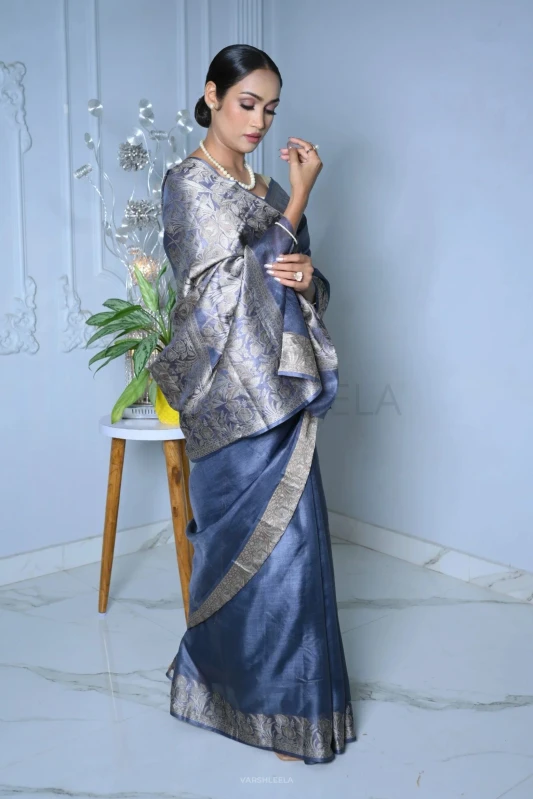 blue meena plain handloom pure kosa silk saree simple 684