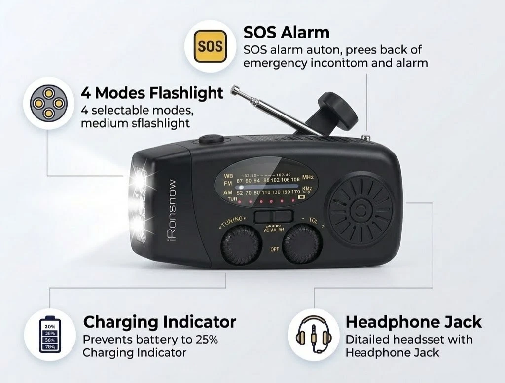Solar powered emergency radio with hand-crank charging, radio receiver and LED flashlight