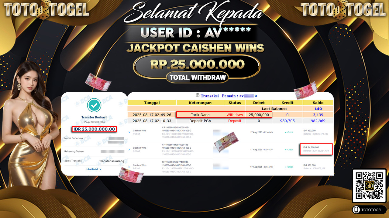 Bukti Pembayaran Jackpot Permainan Slot Caishen Wins ID:AV***** LUNAS