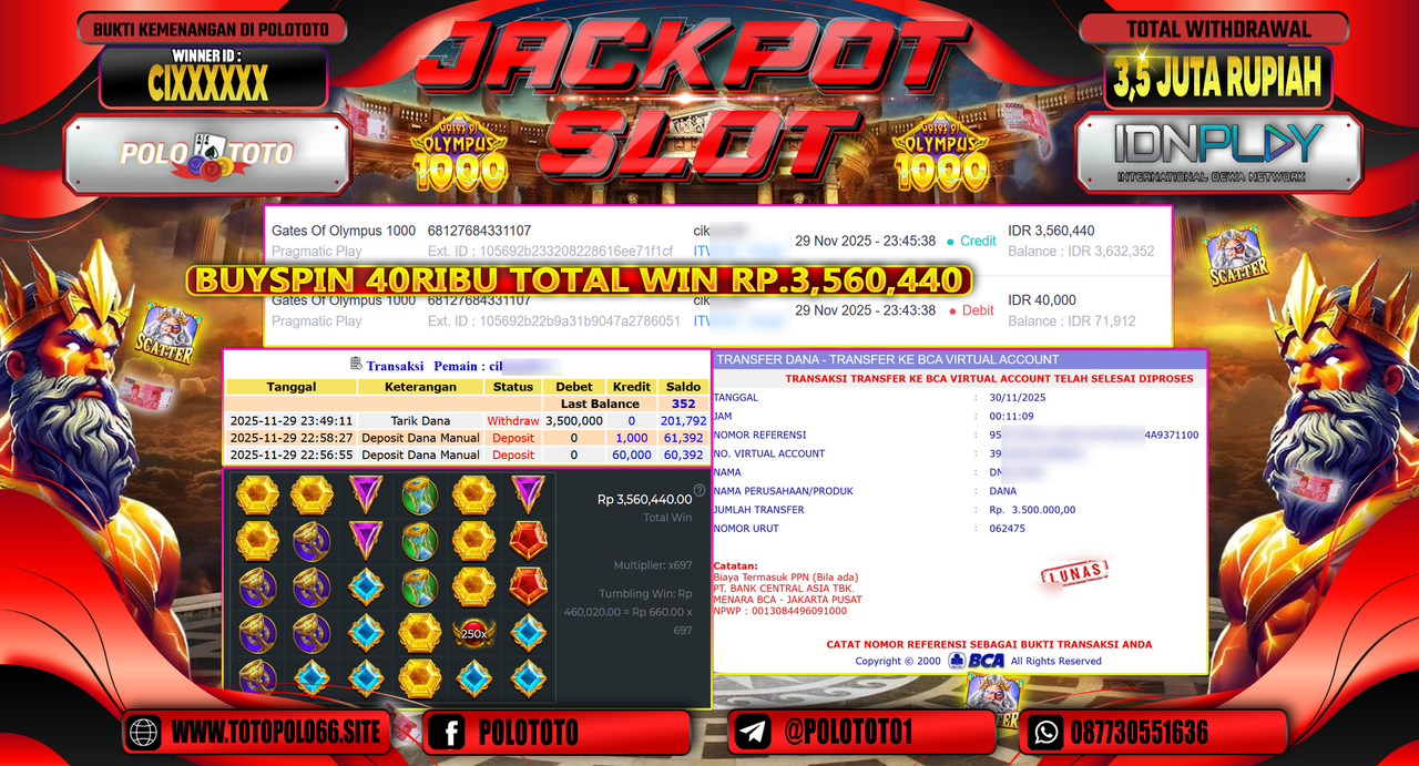 POLOTOTO JACKPOT SLOT GATES OF OLYMPUS 1000 Rp.3.500.000,- LUNAS