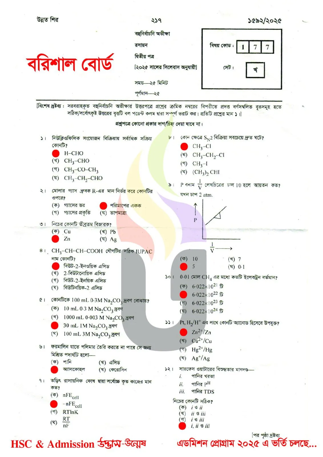 Chemistry 2nd Paper MCQ Question solution Barisal Board HSC 2025