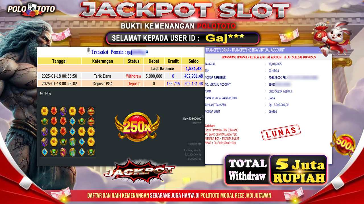 POLOTOTO JACKPOT SLOT GATES OF OLYMPUS 1000 Rp.5,000.000,-