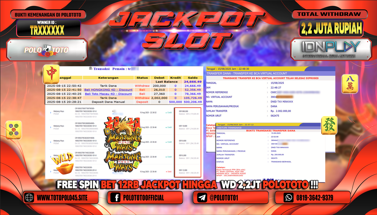 POLOTOTO JACKPOT SLOT MAHJONG WAYS Rp.2.200.000,-LUNAS