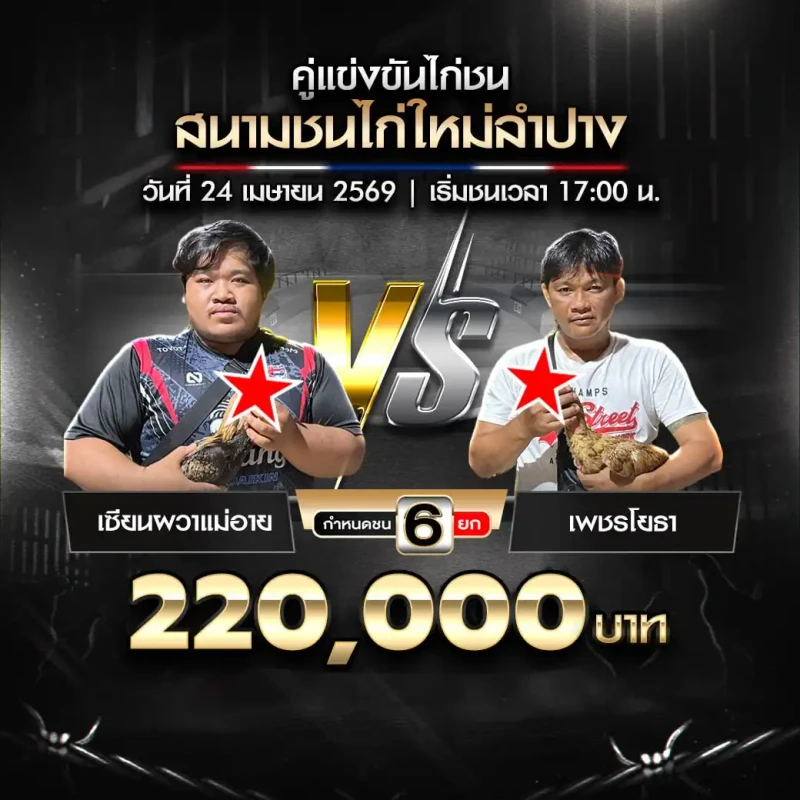 เซียนผวาแม่อาย vs เพชรโยธา สนามชนไก่ใหม่ลำปาง 24 เมษายน 2569