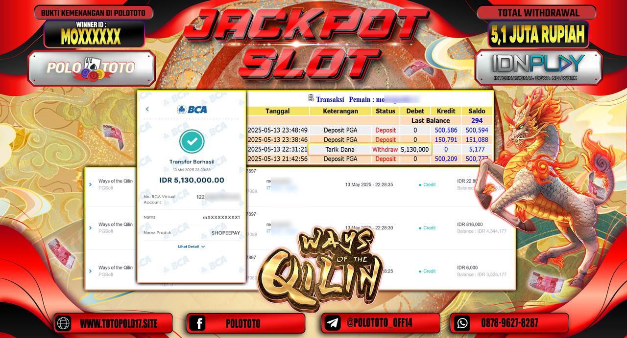 POLOTOTO JACKPOT SLOT WAYS OF THE QILIN Rp.5.130.000,-