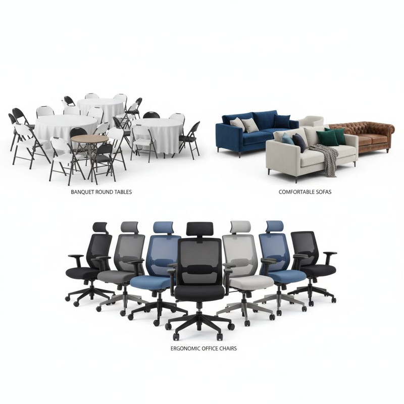 Сравнение различных типов мебели для аренды: банкетные столы, офисные кресла и диваны