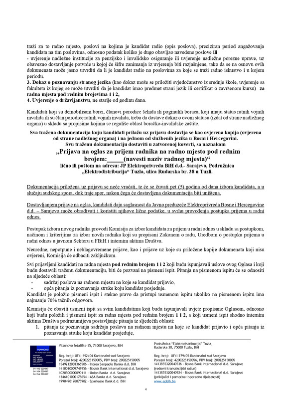 Oglas za prijem novih radnika na neodredjeno i odredjeno vrijeme ED Tuzla page 0004