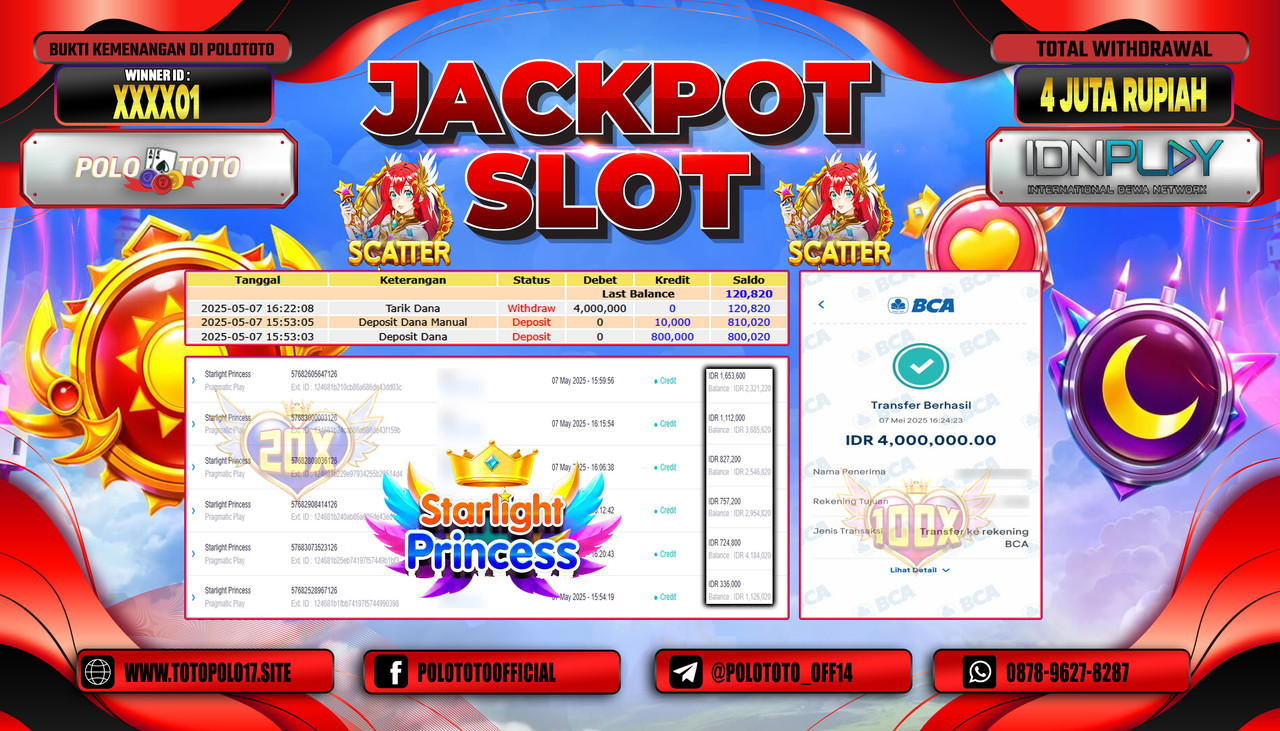 POLOTOTO JACKPOT SLOT STARLIGHT PRINCESS Rp.4.000.000,-