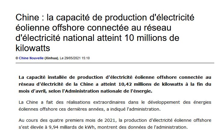 Chine la capacité de production délectricité éolienne offshore connectée au réseau délectricité nati
