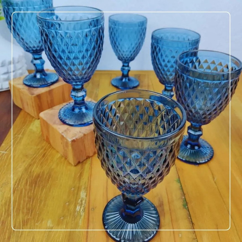 Conjunto 6 Taças Água Vidro Bico De Abacaxi Azul 325ml Lyor