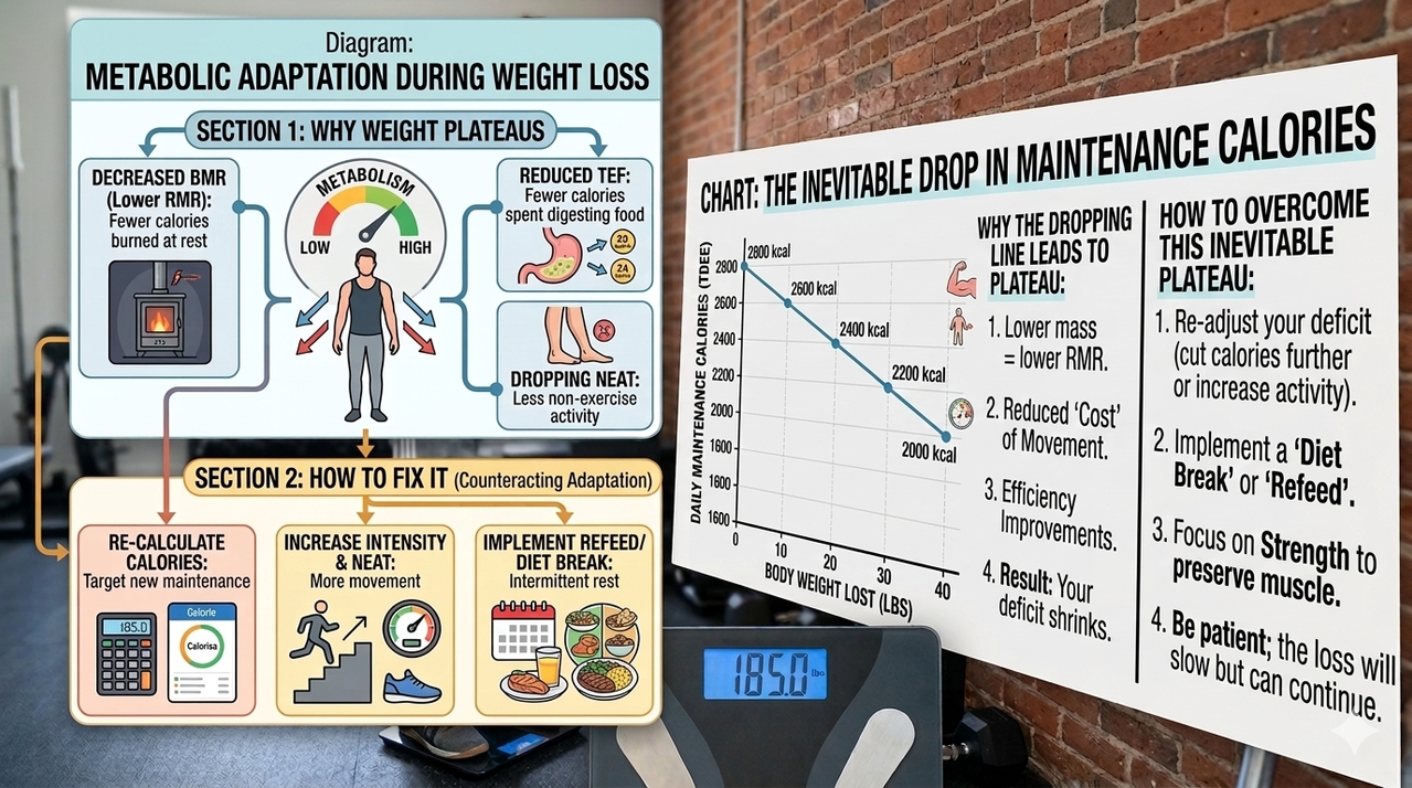 Chart showing decreasing maintenance calories with weight loss for why your weight plateaus during a cut and how to fix it