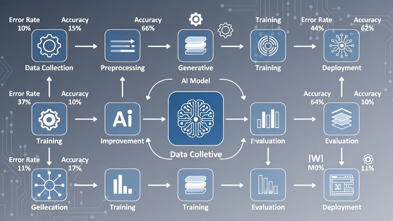 Visualization of machine learning systems showing generative AI model training and continuous improvement processes