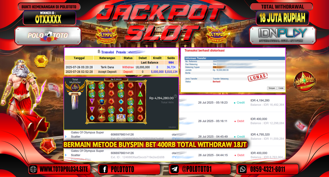 POLOTOTO JACKPOT SLOT GATES OF OLYMPUS SUPER SCATTER Rp.18.000.000,-LUNAS