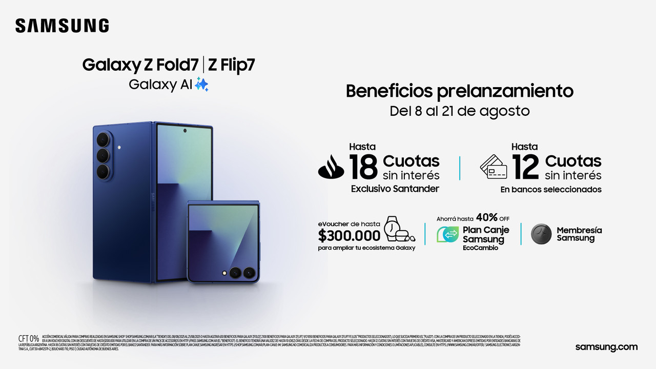 Samsung lanza en Argentina los nuevos Galaxy Z Fold7, Z Flip7, Z Flip7 FE y la Serie Watch8 con beneficios exclusivos