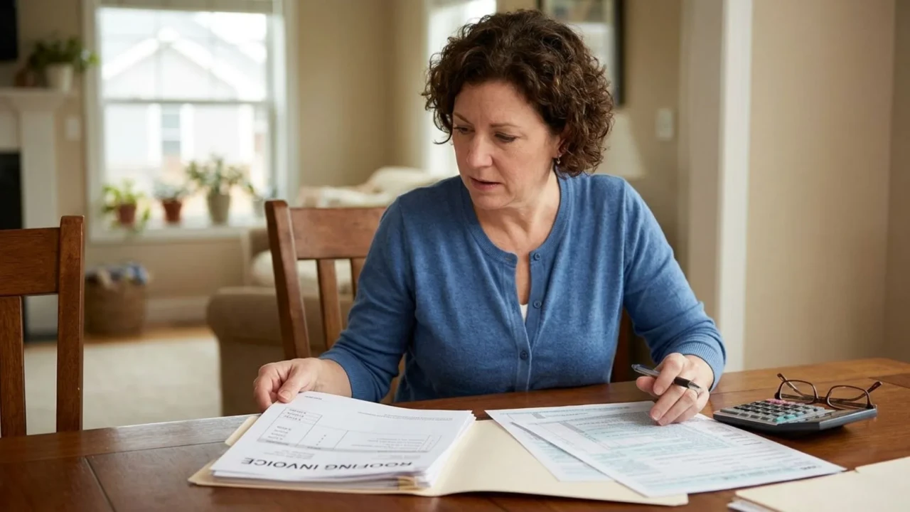Homeowner reviewing roofing invoice and tax paperwork