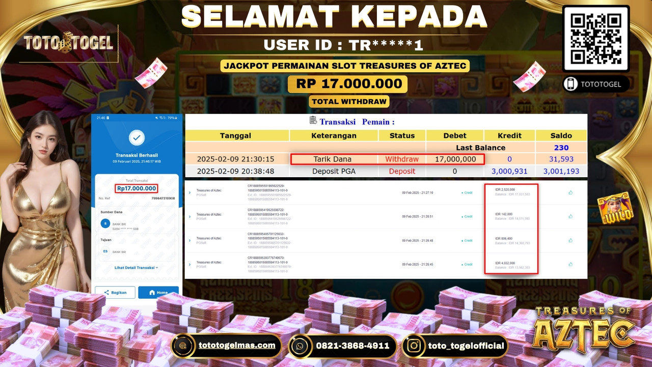 Bukti Pembayaran Jackpot  Permainan Slot Treasures Of Aztec  ID:TR****1  LUNAS