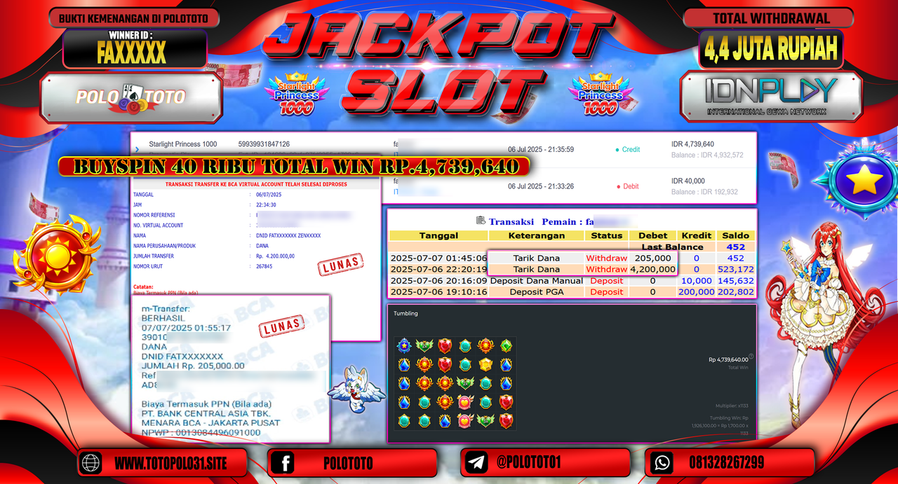POLOTOTO JACKPOT SLOT STARLIGHT PRINCESS 1000 Rp.4.405.000,-